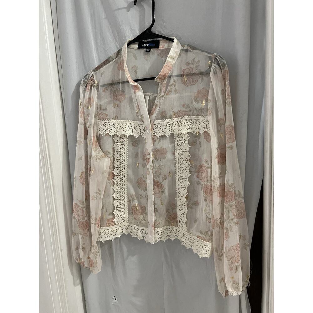 Alice Blue White Pink Floral Sheer Button Front Lace Trim Top Sz L - Picture 2 of 8